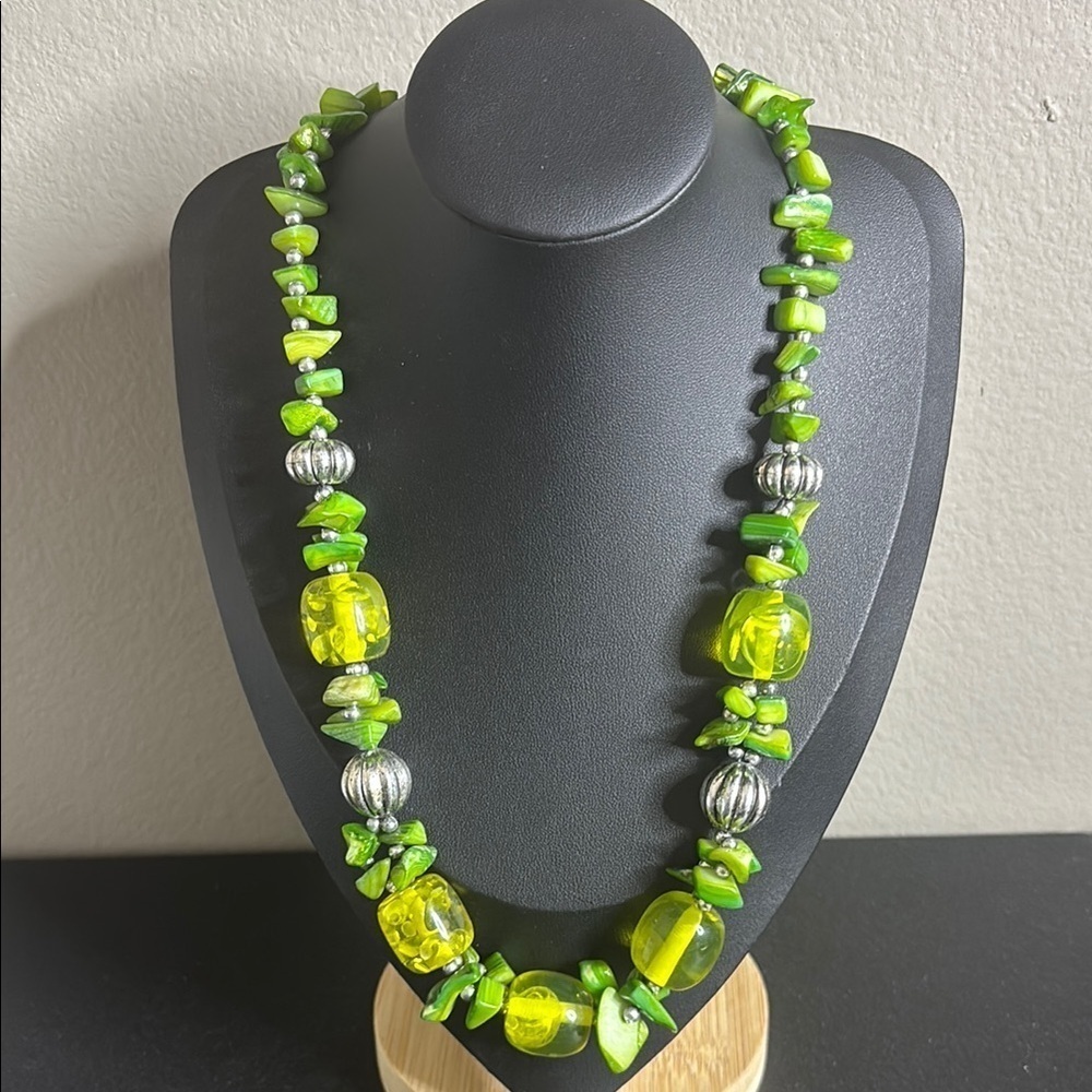 Vintage Glass Gemstone Green and Silver Artisan Beaded Necklace